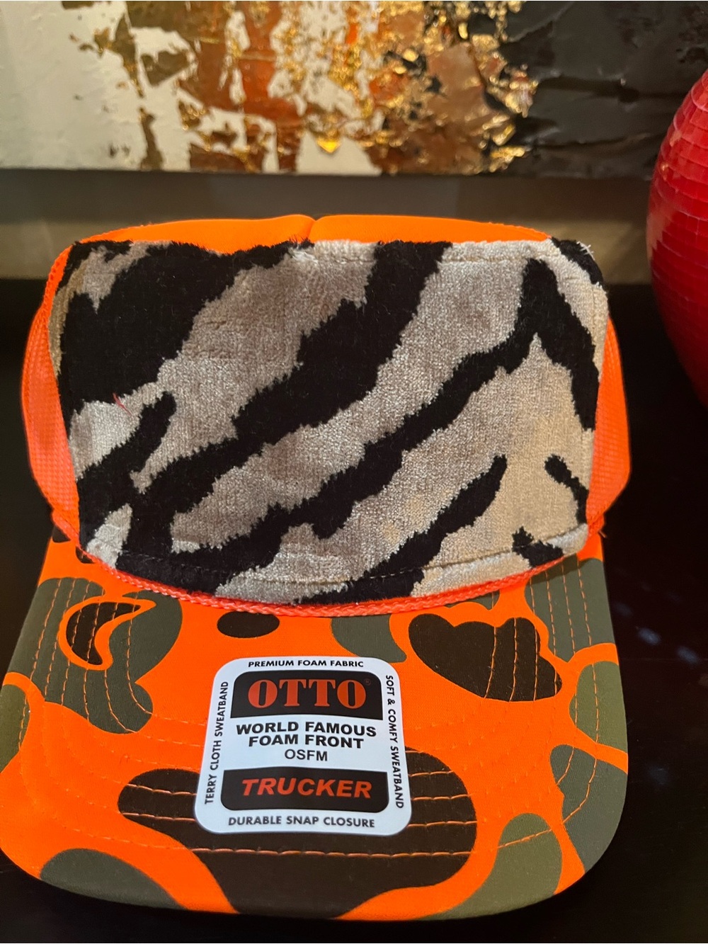 Velvet animal print Neon Orange Trucker Hat with Black & Gray Zebra Front